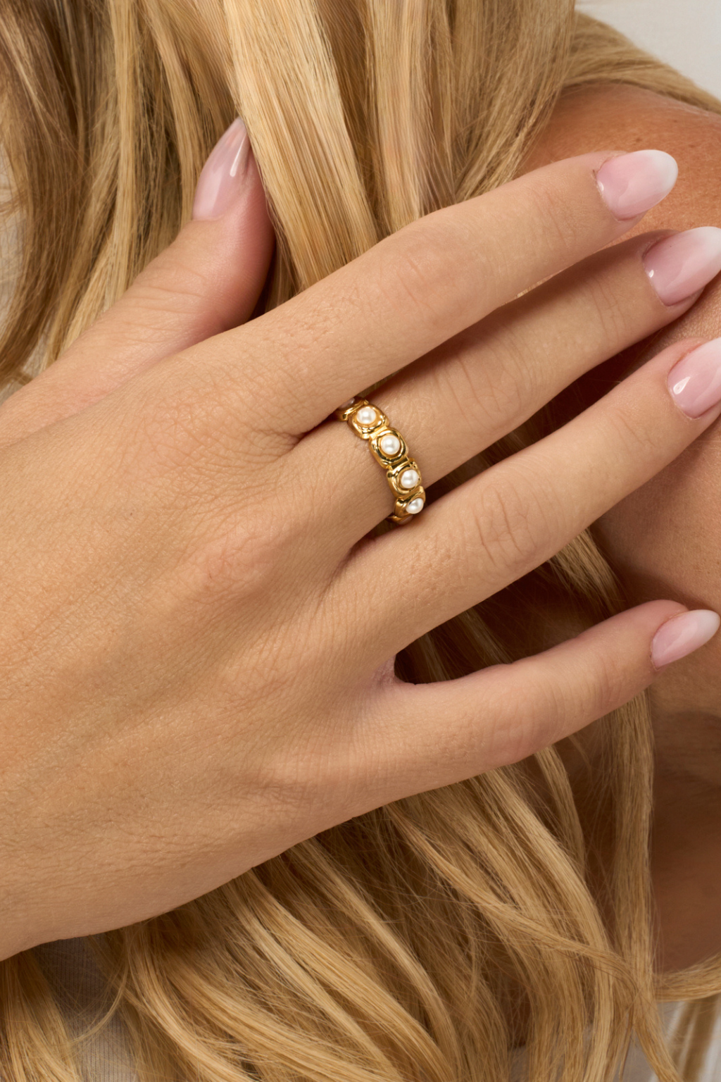 Gold pearl ring, on model, waterproof and tarnish-resistant, ideal for daily activities