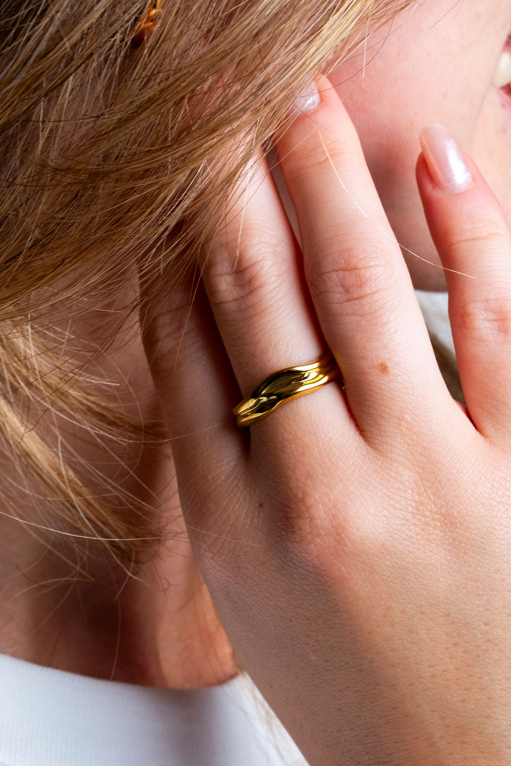 Gold vintage ring, worn by model, sweatproof and hypoallergenic, perfect for active lifestyles